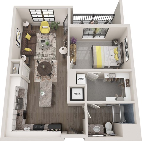 Floor plan for 1 bed, 1 bath, 679 sqft
